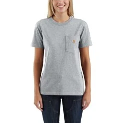Carhartt Women's Shirt: WK87 103067 034 Heather Grey Short Sleeve Pocket Loose Fit Tshirt