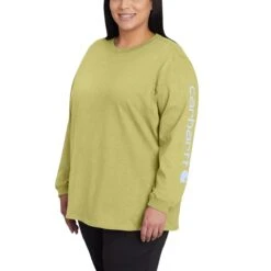Carhartt Shirts: Women's 103401 GB9 Green Olive Heather Loose Fit Heavy Weight Long Sleeve Graphic T-Shirt -Work Clothes Store 103401 gb9 1
