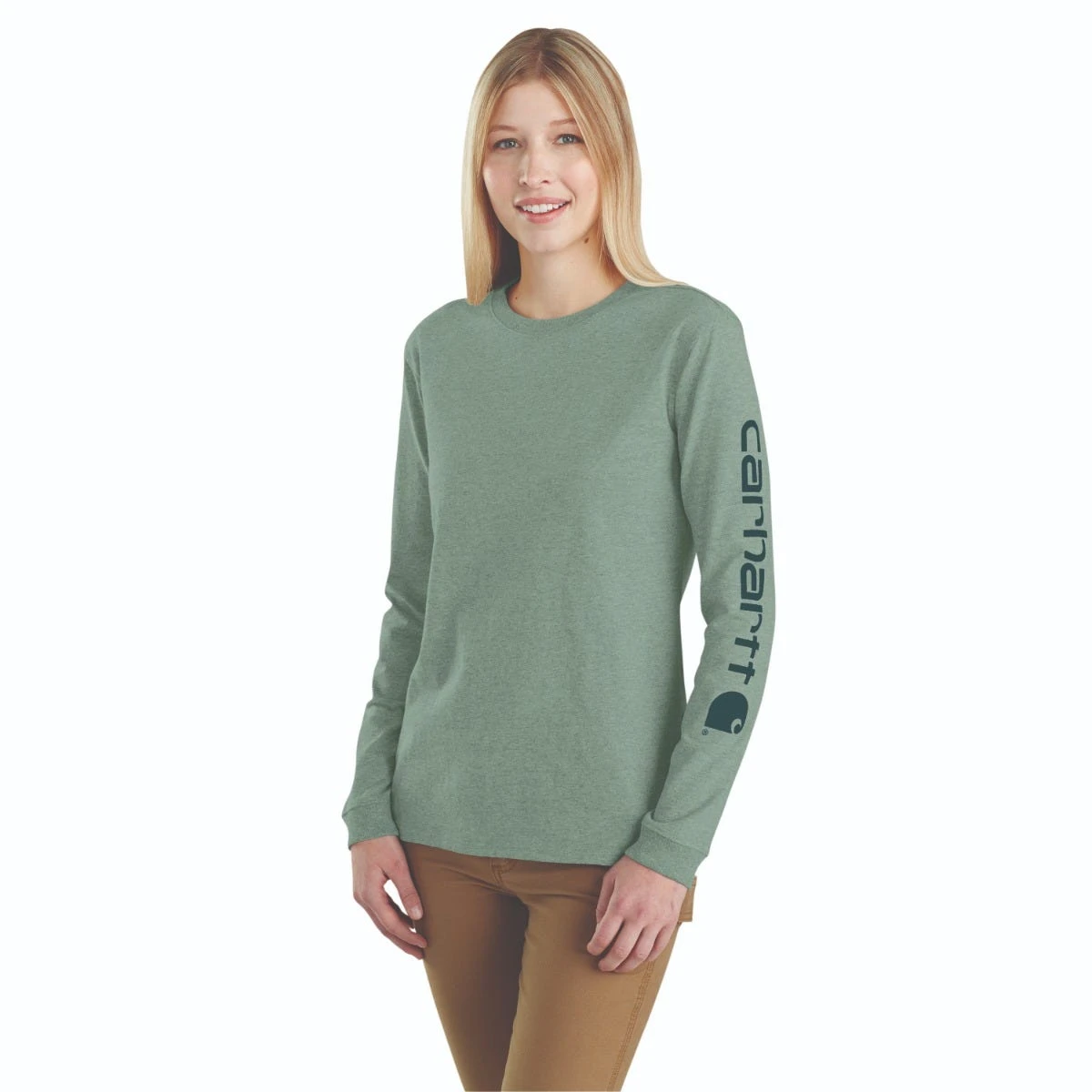 Carhartt Shirts: Women's 103401 GA0 Jade Heather Loose Fit Heavyweight Long Sleeve Graphic T-Shirt 3 Carhartt Shirts: Women's 103401 GA0 Jade Heather Loose Fit Heavyweight Long Sleeve Graphic T-Shirt