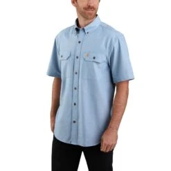 Carhartt Shirt: Men's 104369 CBL Blue Chambray Midweight Short Sleeve Button Down Shirt