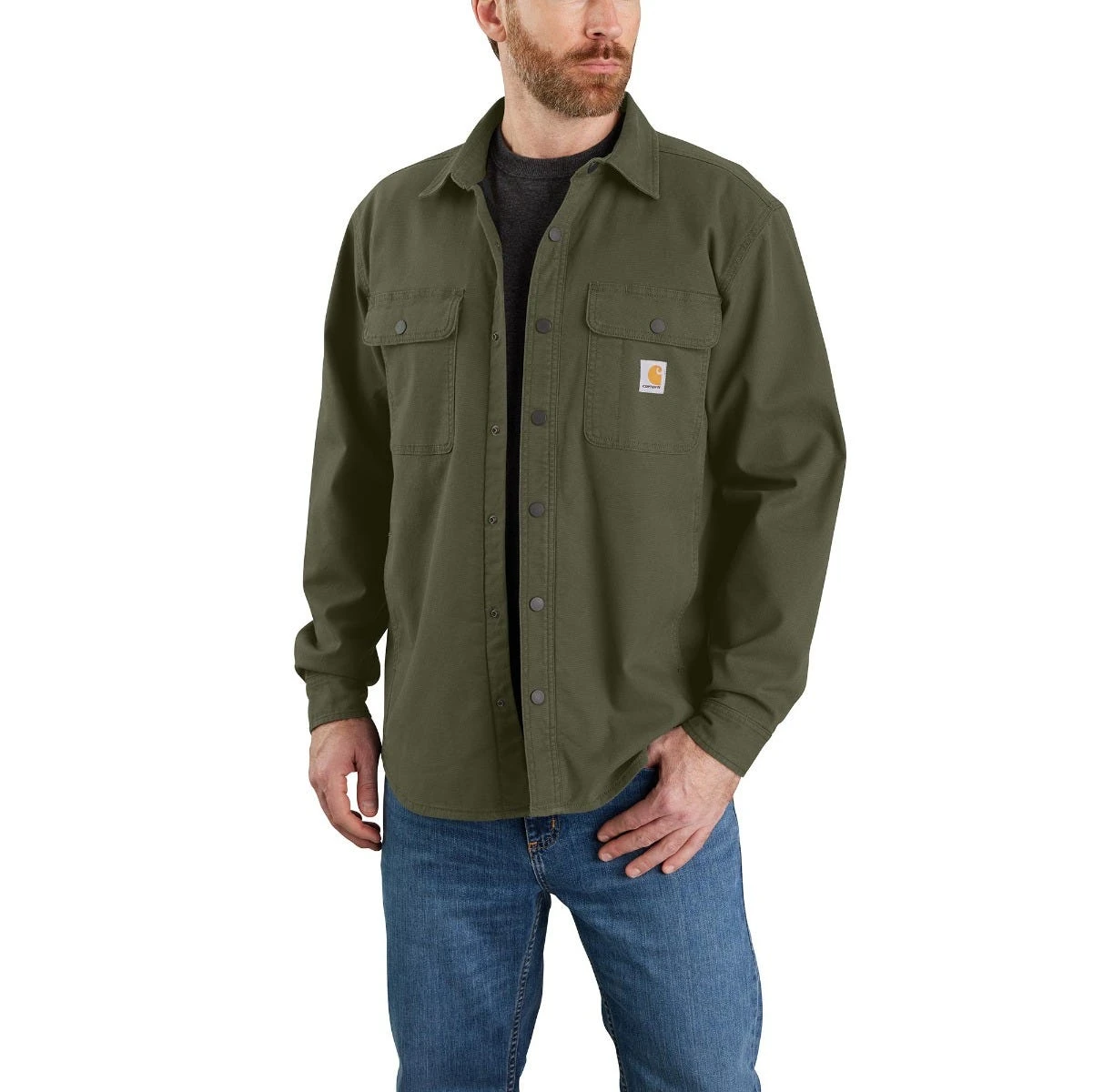 Carhartt Shirts: Men's 105419 G72 Basil Rugged Flex Canvas Fleece-Lined Shirt Jacket 3 Carhartt Shirts: Men's 105419 G72 Basil Rugged Flex Canvas Fleece-Lined Shirt Jacket
