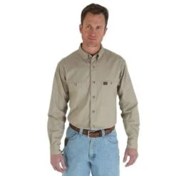Wrangler Riggs Shirts: Men's Khaki 3W501 KH Cotton Twill Long Sleeve Work Shirt -Work Clothes Store 3w501kh bf01 swff prd