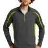 Sport-TeK Sweatshirts: Men's ST851 CGCG Charcoal Grey Charge Green Stretch 1/2-Zip Colorblock Pullover -Work Clothes Store 5496 chgycggn 1 st851chgycggnmodelfront1 337w