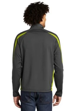 Sport-TeK Sweatshirts: Men's ST851 CGCG Charcoal Grey Charge Green Stretch 1/2-Zip Colorblock Pullover -Work Clothes Store 5496 chgycggn 2 st851chgycggnmodelback1 337w