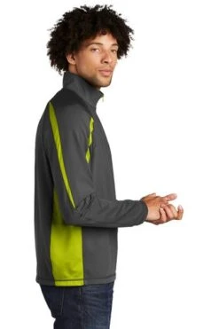 Sport-TeK Sweatshirts: Men's ST851 CGCG Charcoal Grey Charge Green Stretch 1/2-Zip Colorblock Pullover -Work Clothes Store 5496 chgycggn 3 st851chgycggnmodelside1 337w