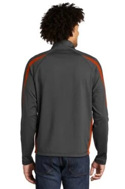 Sport-TeK Sweatshirts: Men's ST851 CGDO Charcoal Grey Deep Orange Stretch 1/2-Zip Colorblock Pullover -Work Clothes Store 5496 chgydpor 2 st851chgydpormodelback1 337w
