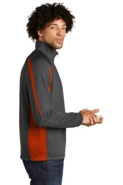 Sport-TeK Sweatshirts: Men's ST851 CGDO Charcoal Grey Deep Orange Stretch 1/2-Zip Colorblock Pullover -Work Clothes Store 5496 chgydpor 3 st851chgydpormodelside1 337w
