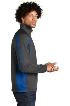 Sport-TeK Sweatshirts: Men's ST851 CGTR Charcoal Grey True Royal Stretch 1/2-Zip Colorblock Pullover -Work Clothes Store 5496 chgytrry 3 st851chgytrrymodelside1 337w