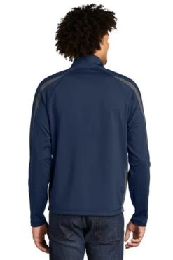 Sport-TeK Sweatshirts: Men's ST851 TNCG True Navy Charcoal Grey Stretch 1/2-Zip Colorblock Pullover 9 Sport-TeK Sweatshirts: Men's ST851 TNCG True Navy Charcoal Grey Stretch 1/2-Zip Colorblock Pullover -Work Clothes Store 5496 tnvchargy 2 st851tnvchargymodelback1 337w