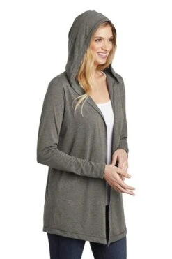 District Cardigans: Women's DT156 GYFST Grey Frost Perfect Tri Hooded Cardigan -Work Clothes Store 9206 greyfrost 4 dt156greyfrostmodelhood 337w