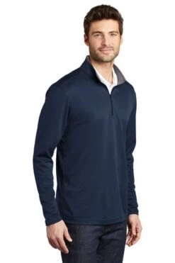 Port Authority Shirts: Men's K584 NVSG Navy Steel Grey Silk Touch Performance 1/4-Zip Shirt -Work Clothes Store 9771 navysteelgry 4 k584navysteelgrymodel3q 337w