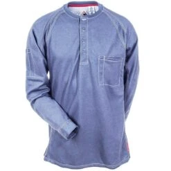 Bulwark Shirts: Men's Blue QT20 BL Flame-Resistant Long Sleeve Henley Shirt