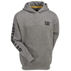 CAT Apparel Sweatshirts: Men's 1910709 004 Grey Hooded Trademark Banner Sweatshirt -Work Clothes Store cat 1910709 004 f 01