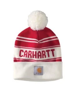 Carhartt Hats: Unisex 105168 600 Red Knit Pom Pom Cuffed Logo Beanie
