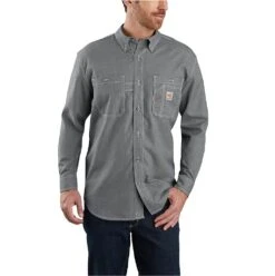 Carhartt Shirts: Men's 104138 GRY Grey FR Original Fit Lightweight Long Sleeve Button Front Shirt