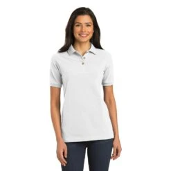 Port Authority Shirts: Women's White Cotton Knit Polo Shirt L420 WHT -Work Clothes Store l420 white model front 082018