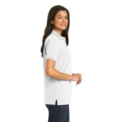 Port Authority Shirts: Women's White Cotton Knit Polo Shirt L420 WHT -Work Clothes Store l420 white model side 082018