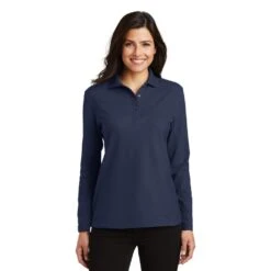 Port Authority Shirts: Women's Navy Long Sleeve Polo Shirt L500LS NVY -Work Clothes Store l500ls navy model front 032017