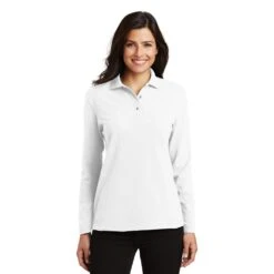 Port Authority Shirts: Women's White Polo Shirt L500LS WHT -Work Clothes Store l500ls white model front 032017