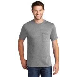 Port & Company Shirt: Men's PC54P AH Athletic Heather Core Cotton Pocket Tee 10 Port & Company Shirt: Men's PC54P AH Athletic Heather Core Cotton Pocket Tee -Work Clothes Store pc54p athleticheather model front