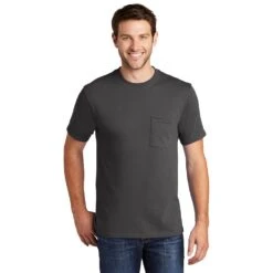 Port & Company Shirt: Men's PC54P CHR Charcoal Core Cotton Pocket Tee 10 Port & Company Shirt: Men's PC54P CHR Charcoal Core Cotton Pocket Tee -Work Clothes Store pc54p charcoal model front