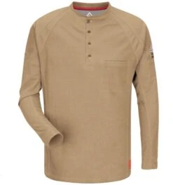Bulwark Shirts: Men's QT20 KH Flame-Resistant Khaki FR IQ Series Henley Shirt