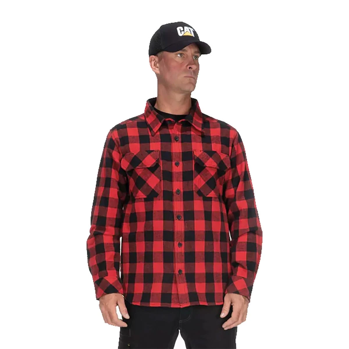 CAT Apparel Shirts: Men's 1610031 121912 Red Black Buffalo Check Flannel Overshirt 3 CAT Apparel Shirts: Men's 1610031 121912 Red Black Buffalo Check Flannel Overshirt