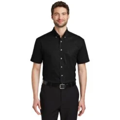 Port Authority Shirts: Men's Black S500T BLK Short Sleeve Twill Shirt With Pocket -Work Clothes Store s500t black model front 082018
