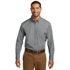 Port Authority Shirts: Men's Gusty Grey W100 GGY Carefree Poplin Shirt -Work Clothes Store w100 gustygrey model front 072017
