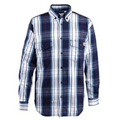 Wolverine Apparel: Men's W1203980 417 FR FireZer0 Navy Plaid Long Sleeve Twill Shirt